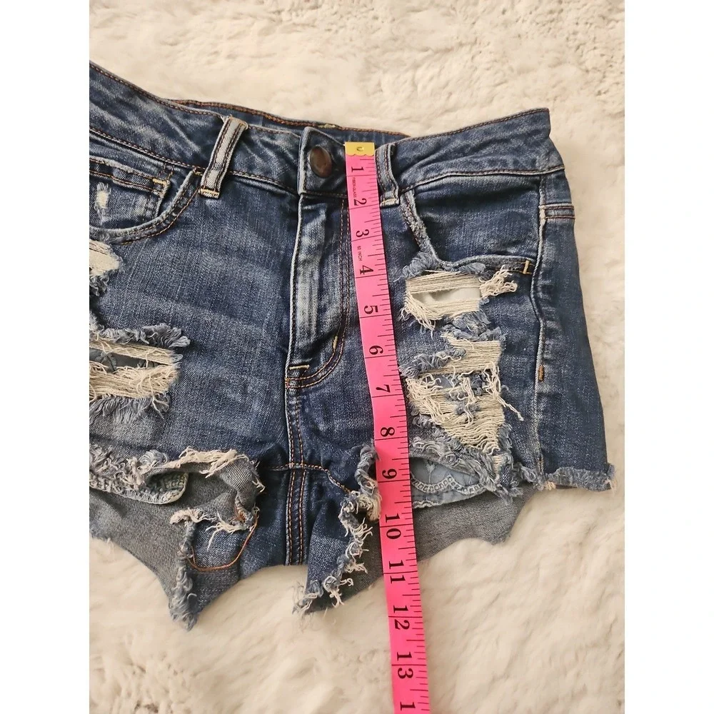American Eagle Super Stretch Denim Shorts Womens Size 4 Hi-Rise Distressed Blue
